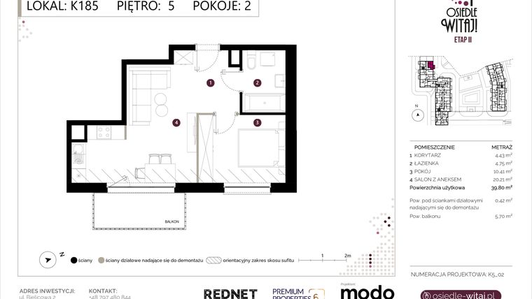 Rzut - Mieszkanie na sprzedaż 2 pokoje o powierzchni 40,22 m² - numer K185 w Osiedle Witaj etap II