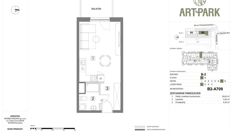 Rzut - Mieszkanie na sprzedaż 1 pokój o powierzchni 29,1 m² - numer B.2.A709 w Inhome Osiedle ArtPark etap I