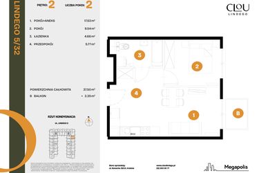 Rzut - Mieszkanie na sprzedaż 2 pokoje o powierzchni 37,5 m² - numer 32 w CLOU LINDEGO