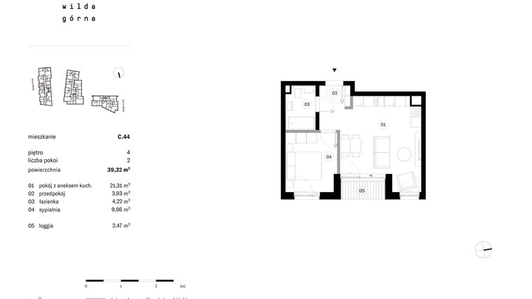 Rzut - Mieszkanie na sprzedaż 2 pokoje o powierzchni 39,32 m² - numer C.44 w Dolna Górna Wilda
