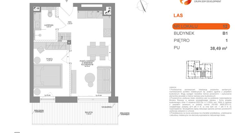 Rzut - Mieszkanie na sprzedaż 2 pokoje o powierzchni 38,49 m² - numer B1 12 w Las