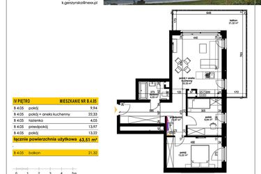 Rzut - Mieszkanie na sprzedaż 3 pokoje o powierzchni 63,6 m² - numer B 4.05 w Park Moniuszki II C