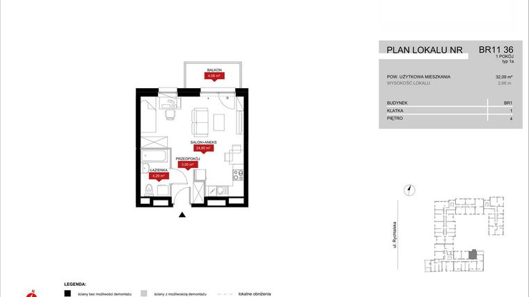 Rzut - Mieszkanie na sprzedaż 1 pokój o powierzchni 32,09 m² - numer BR11/36 w Browary Wrocławskie 2