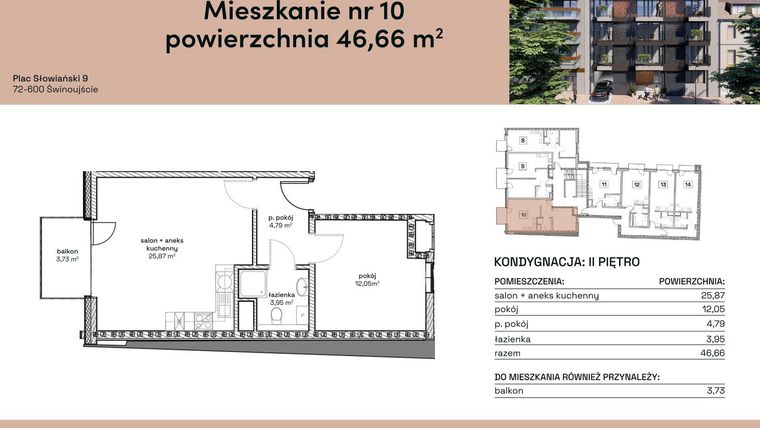 Rzut - Mieszkanie na sprzedaż 2 pokoje o powierzchni 46,66 m² - numer M10 w Plac Słowiański 9