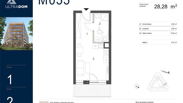 Rzut - Mieszkanie na sprzedaż 1 pokój o powierzchni 28,28 m² - numer M055 w Ultradom