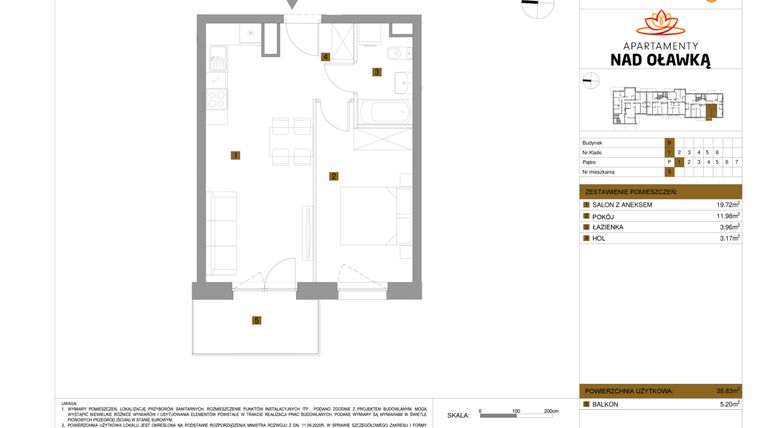 Rzut - Mieszkanie na sprzedaż 2 pokoje o powierzchni 38,83 m² - numer 5 w Apartamenty nad Oławką etap II