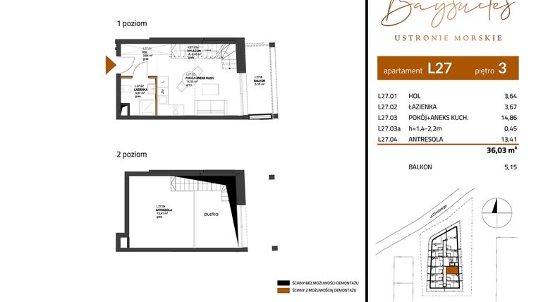 Rzut - Mieszkanie na sprzedaż 2 pokoje o powierzchni 36,03 m² - numer AP.3.27 w Baysuites