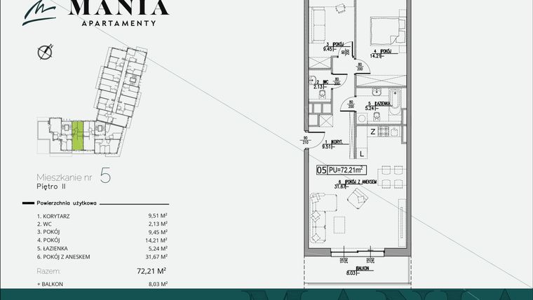 Rzut - Mieszkanie na sprzedaż 3 pokoje o powierzchni 72,21 m² - numer 5 w MANIA Apartamenty