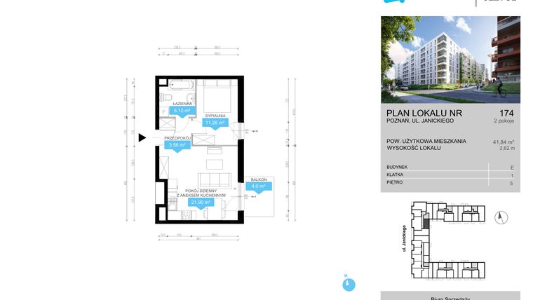 Rzut - Mieszkanie na sprzedaż 2 pokoje o powierzchni 41,84 m² - numer CDEF.174 w Wieża Jeżyce etap II