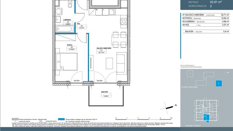 Rzut - Mieszkanie na sprzedaż 2 pokoje o powierzchni 43,81 m² - numer E.2.02 w Nordic Bemowo - etap IV