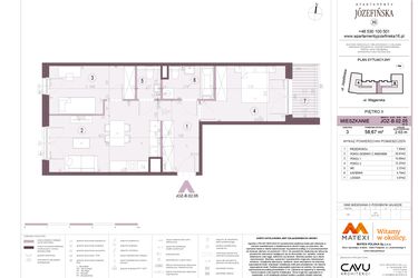 Rzut - Mieszkanie na sprzedaż 3 pokoje o powierzchni 58,67 m² - numer B.02.05 w Apartamenty Józefińska