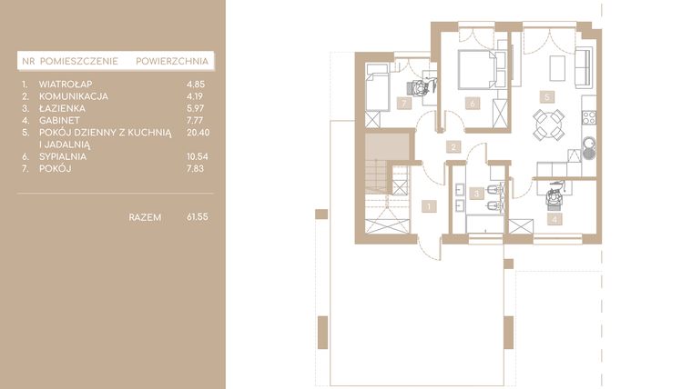 Rzut - Mieszkanie na sprzedaż 4 pokoje o powierzchni 61,55 m² - numer M3.A w Królowej Jadwigi Residence II