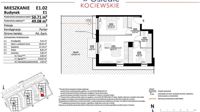 Rzut - Mieszkanie na sprzedaż 3 pokoje o powierzchni 49,08 m² - numer E1.02 w Osiedle Kociewskie bud. E