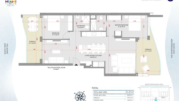 Rzut - Mieszkanie na sprzedaż 3 pokoje o powierzchni 121,29 m² - numer P7-BL3-C w Miami Towers