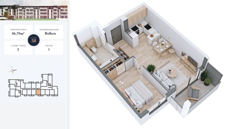 Rzut - Mieszkanie na sprzedaż 2 pokoje o powierzchni 46,7 m² - numer 58 w Apartamenty Home Premium etap 2