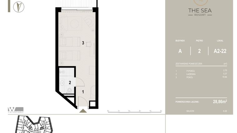 Rzut - Mieszkanie na sprzedaż 1 pokój o powierzchni 28,86 m² - numer A2-22 w The Sea Resort Międzyzdroje