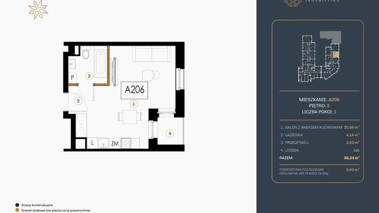 Rzut - Mieszkanie na sprzedaż 1 pokój o powierzchni 29,26 m² - numer A.206 w Rezydencja Śródmiejska