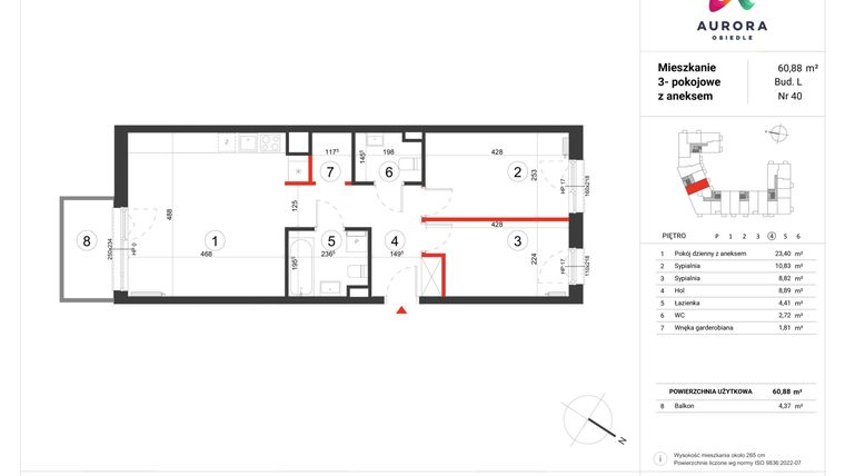 Rzut - Mieszkanie na sprzedaż 3 pokoje o powierzchni 60 m² - numer L-40 w Osiedle Aurora - bud. L