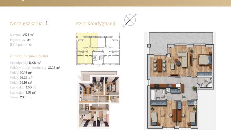 Rzut - Mieszkanie na sprzedaż 4 pokoje o powierzchni 85,1 m² - numer 51C.M1 w Dębowa 51