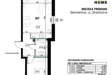 Rzut - Mieszkanie na sprzedaż 2 pokoje o powierzchni 45,8 m² - numer M7 w Miejska Premium II