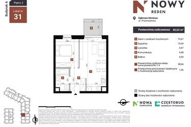 Rzut - Mieszkanie na sprzedaż 2 pokoje o powierzchni 40,02 m² - numer A31 w Nowy Reden
