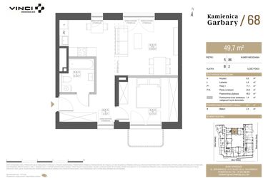 Rzut - Mieszkanie na sprzedaż 2 pokoje o powierzchni 49,7 m² - numer 86 w Garbary 68