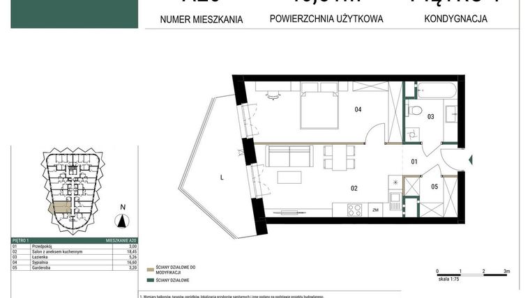 Rzut - Mieszkanie na sprzedaż 2 pokoje o powierzchni 46,51 m² - numer A20 w Drago