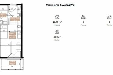 Rzut - Mieszkanie na sprzedaż 1 pokój o powierzchni 26,65 m² - numer SWA/2/27/B w Apartamenty Świeradowska