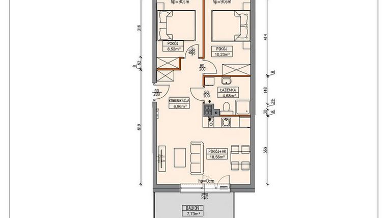 Rzut - Mieszkanie na sprzedaż 3 pokoje o powierzchni 48,99 m² - numer B5.1.8.3A w Stegna Park II