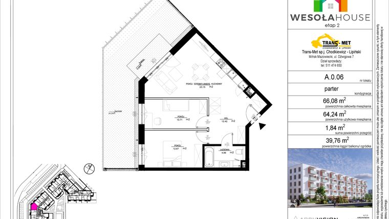 Rzut - Mieszkanie na sprzedaż 3 pokoje o powierzchni 64,24 m² - numer A.0.06 w Wesoła House Etap II