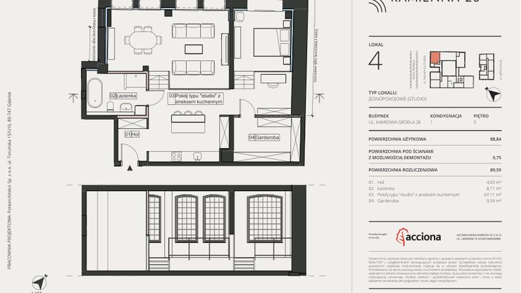 Rzut - Mieszkanie na sprzedaż 1 pokój o powierzchni 89,59 m² - numer 4 w Kamienna 28