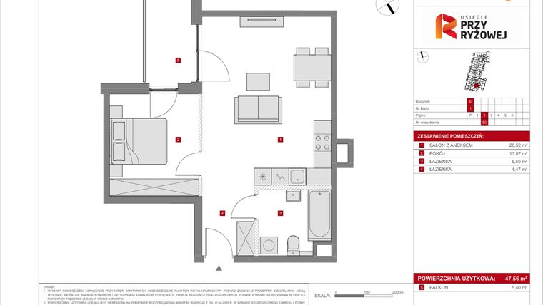 Rzut - Mieszkanie na sprzedaż 2 pokoje o powierzchni 47,56 m² - numer E.80 w Osiedle Przy Ryżowej etap II