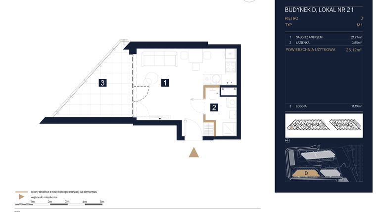 Rzut - Mieszkanie na sprzedaż 1 pokój o powierzchni 25,12 m² - numer D21 w Rezydencja Zegrze etap III