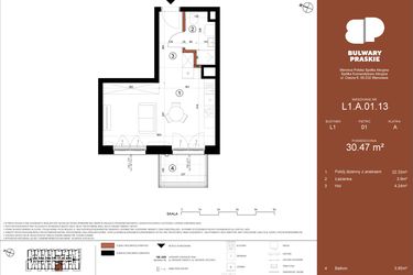 Rzut - Mieszkanie na sprzedaż 1 pokój o powierzchni 30,47 m² - numer L1.A.01.13 w Bulwary Praskie etap K i L