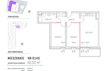 Rzut - Mieszkanie na sprzedaż 3 pokoje o powierzchni 62,52 m² - numer D140 w Osiedle Impresja 2