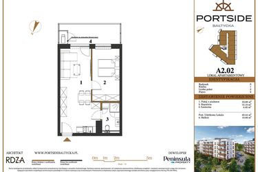 Rzut - Mieszkanie na sprzedaż 2 pokoje o powierzchni 40,44 m² - numer A2.02 w Portside Bałtycka