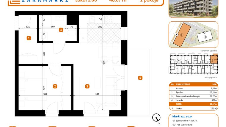 Rzut - Mieszkanie na sprzedaż 2 pokoje o powierzchni 48,67 m² - numer B1/2/06 w Zakamarki