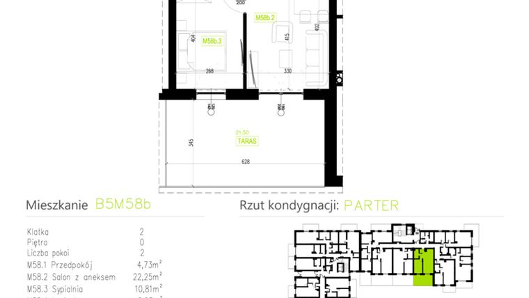 Rzut - Mieszkanie na sprzedaż 2 pokoje o powierzchni 44,44 m² - numer B5M58b w Osiedle Natura Park etap II