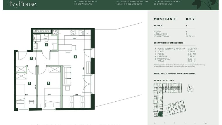 Rzut - Mieszkanie na sprzedaż 3 pokoje o powierzchni 52,06 m² - numer B.2.7 w IVY HOUSE