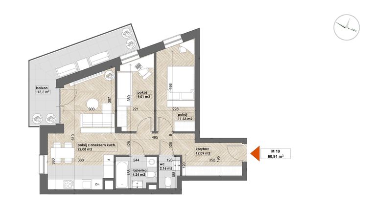 Rzut - Mieszkanie na sprzedaż 3 pokoje o powierzchni 60,91 m² - numer 19 w Apartamenty Śródmieście