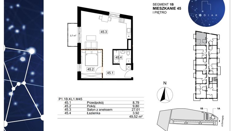 Rzut - Mieszkanie na sprzedaż 2 pokoje o powierzchni 49,52 m² - numer 39/45 w Zodiak