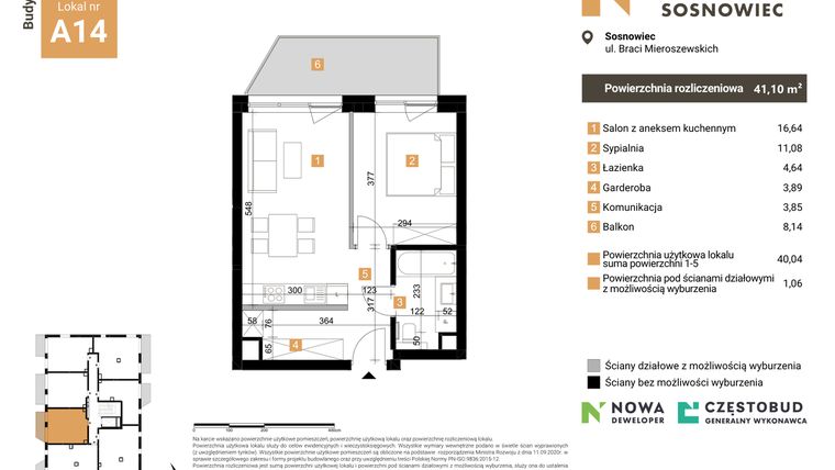 Rzut - Mieszkanie na sprzedaż 2 pokoje o powierzchni 41,1 m² - numer A14 w Nowy Sosnowiec