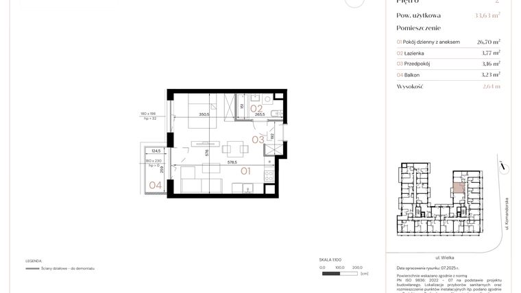Rzut - Mieszkanie na sprzedaż 1 pokój o powierzchni 33,63 m² - numer B/2/02 w Wielka 16