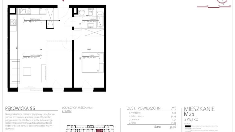 Rzut - Mieszkanie na sprzedaż 2 pokoje o powierzchni 57,46 m² - numer 21 w Pękowicka 96