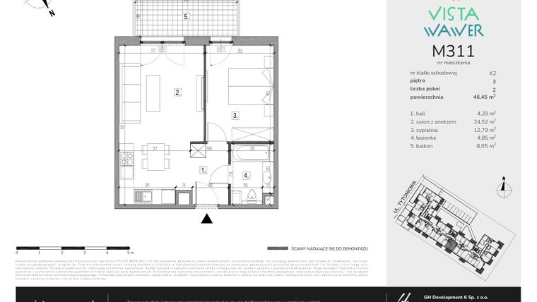 Rzut - Mieszkanie na sprzedaż 2 pokoje o powierzchni 46,45 m² - numer M311 w Vista Wawer
