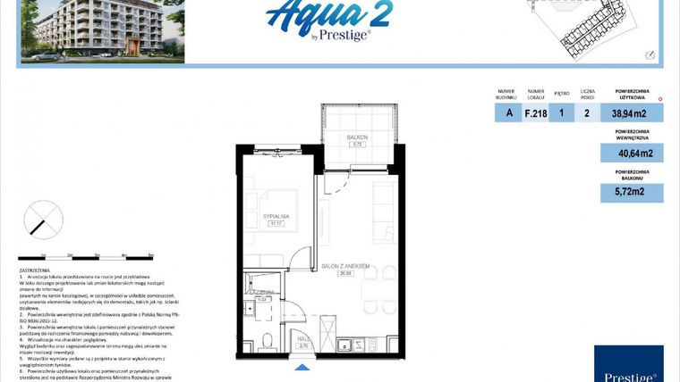 Rzut - Mieszkanie na sprzedaż 2 pokoje o powierzchni 38,94 m² - numer F.218 w Bel Mare (Międzyzdroje)