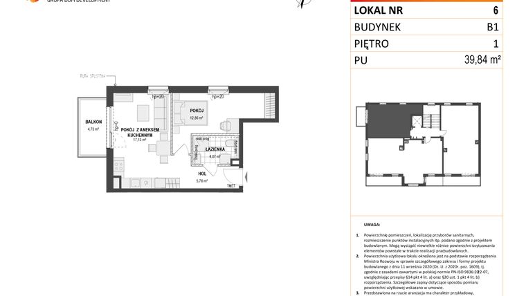 Rzut - Mieszkanie na sprzedaż 2 pokoje o powierzchni 39,84 m² - numer B1 6 w Wzgórze Markowca