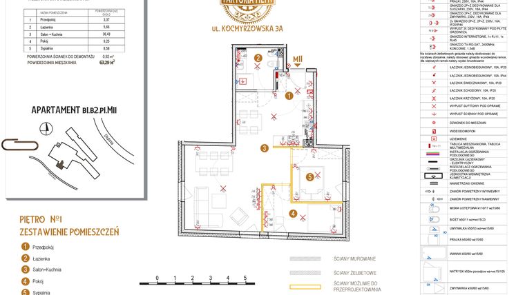 Rzut - Mieszkanie na sprzedaż 4 pokoje o powierzchni 63,29 m² - numer B1.B2.P1.M11 w Faktoria Młyn