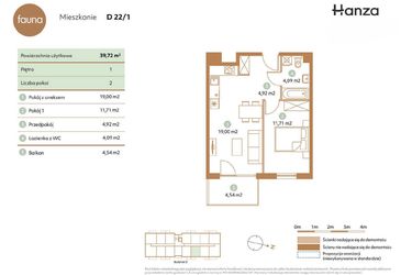 Rzut - Mieszkanie na sprzedaż 2 pokoje o powierzchni 39,72 m² - numer D22-1 w Fauna