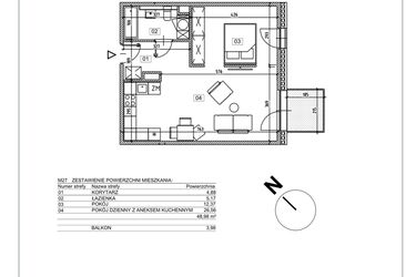 Rzut - Mieszkanie na sprzedaż 2 pokoje o powierzchni 48,98 m² - numer J.M27 w Osiedle Glivia Zachodnia